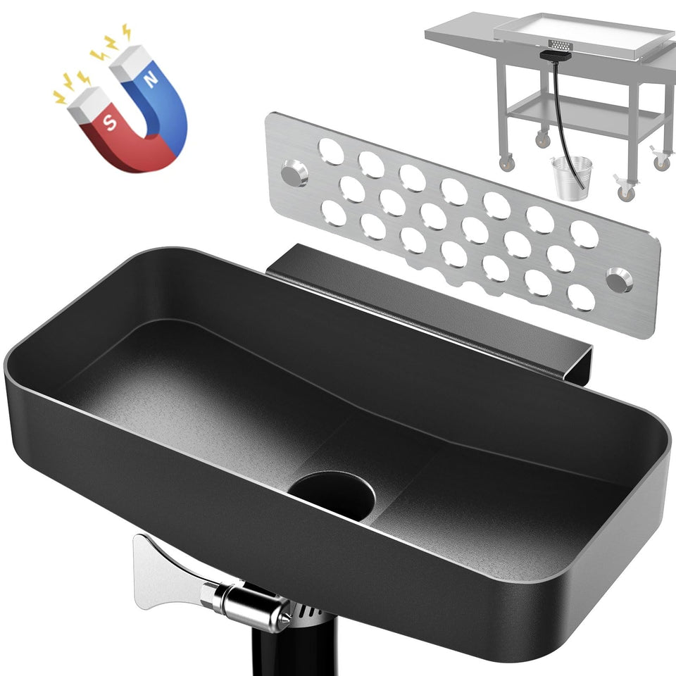 BSTTEK rear grease drainage funnel attached to Blackstone 36-inch griddle with magnetic gate