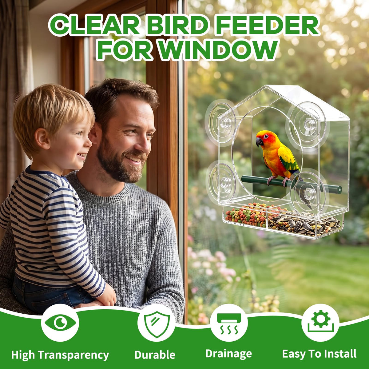 BTFSZ window bird feeder clear acrylic body for crystal-clear indoor watching