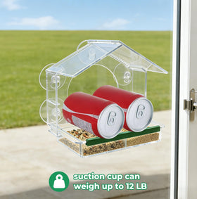 BTFSZ window feeder offers close-up views of cardinals and goldfinches.