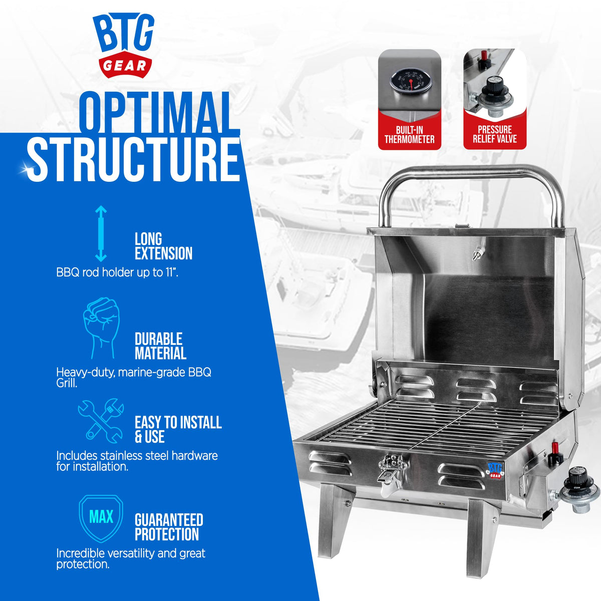 BTG Gear Tailwaves fold-away legs for easy storage on boats and campsites.