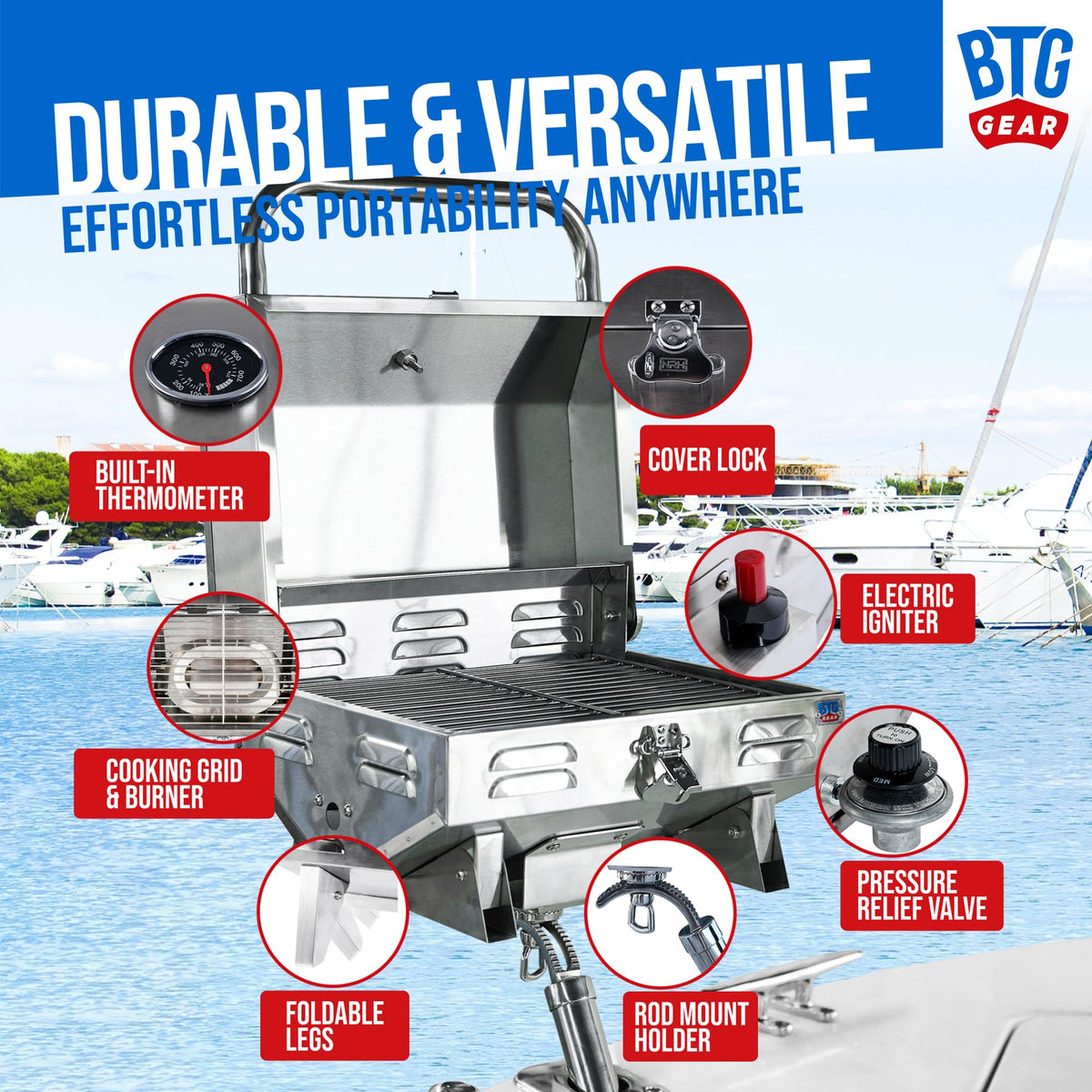 BTG Gear Tailwaves rod holder mount attached for hands-free grilling.