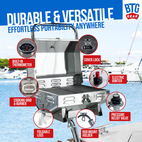 BTG Gear Tailwaves rod holder mount attached for hands-free grilling.
