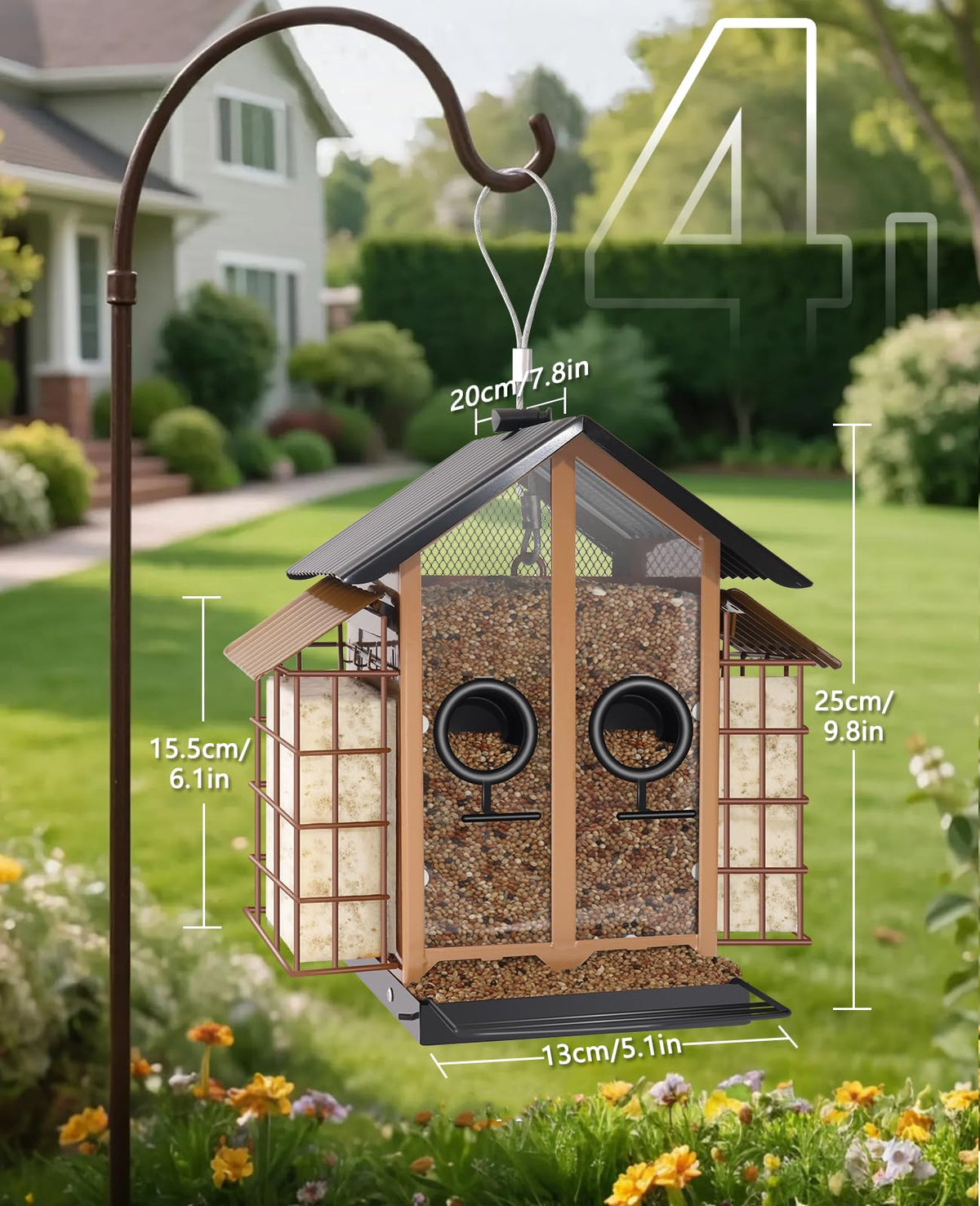 Btiztlla weatherproof bird feeder side compartments demonstrate mixed seed options attract diverse species