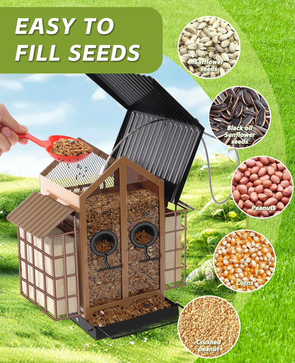 Btiztlla weatherproof bird feeder with side suet cages supports high-protein meals for woodpeckers