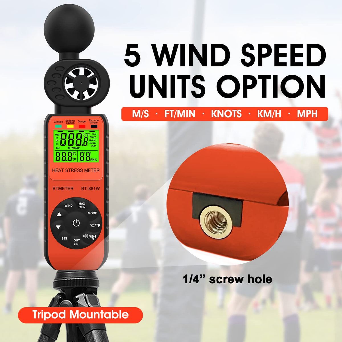 BTMETER BT-881W alarm indicators signal elevated WBGT or wind conditions.