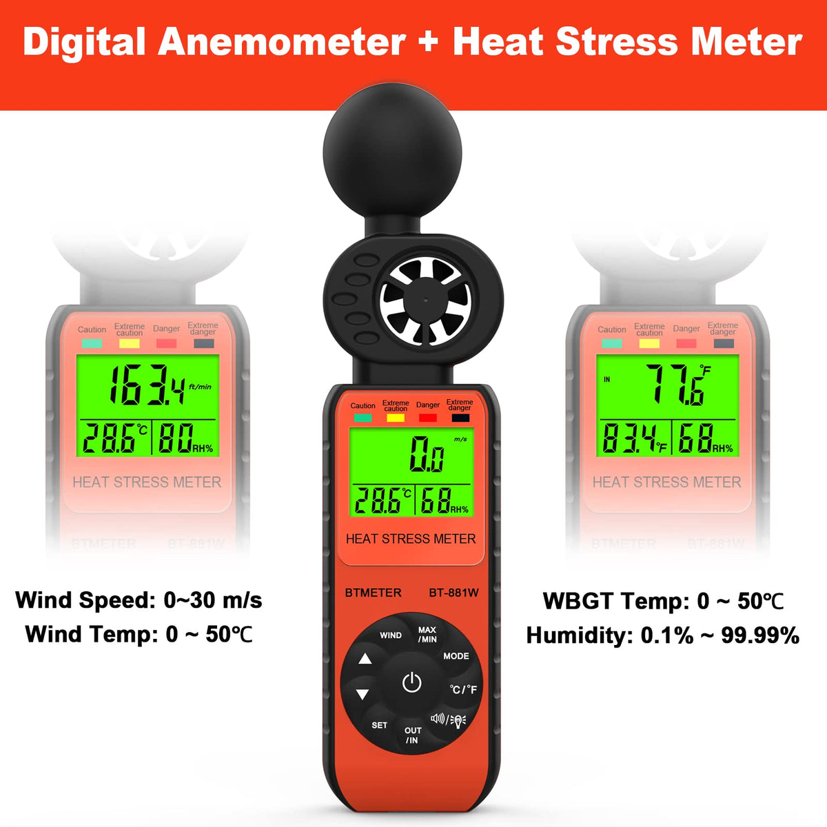 BTMETER BT-881W WBGT display helps assess heat stress potential indoors or outdoors.