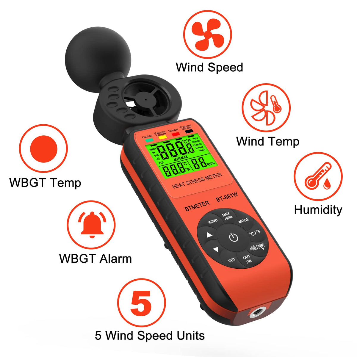 BTMETER BT-881W wind speed display for precise airflow readings.