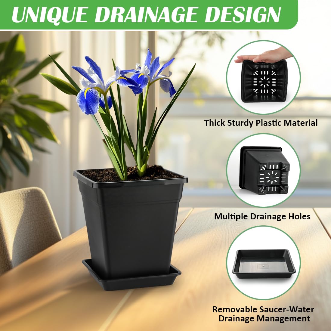 BTPLASTIK planter side view highlights 3-gallon capacity for various plants.