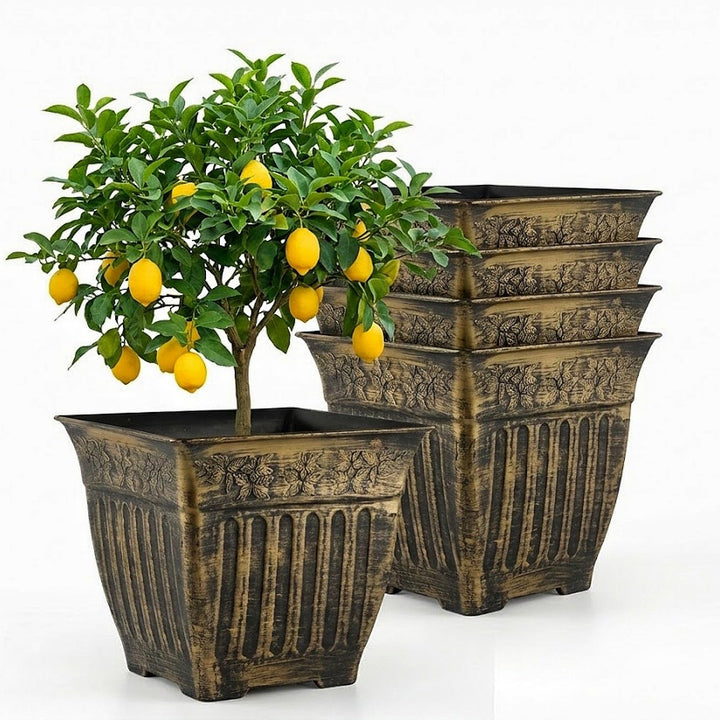 BTPLASTIK vintage square planter with gold distressed finish adds elegant curb appeal to outdoor spaces