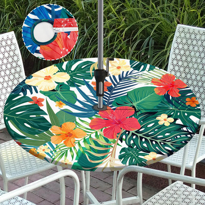 Btrlexp palm leaves round tablecloth with umbrella hole for sunny outdoor dining