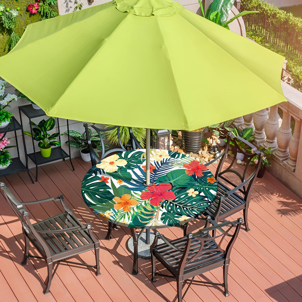 Btrlexp tablecloth with built-in umbrella zipper enables easy installation.