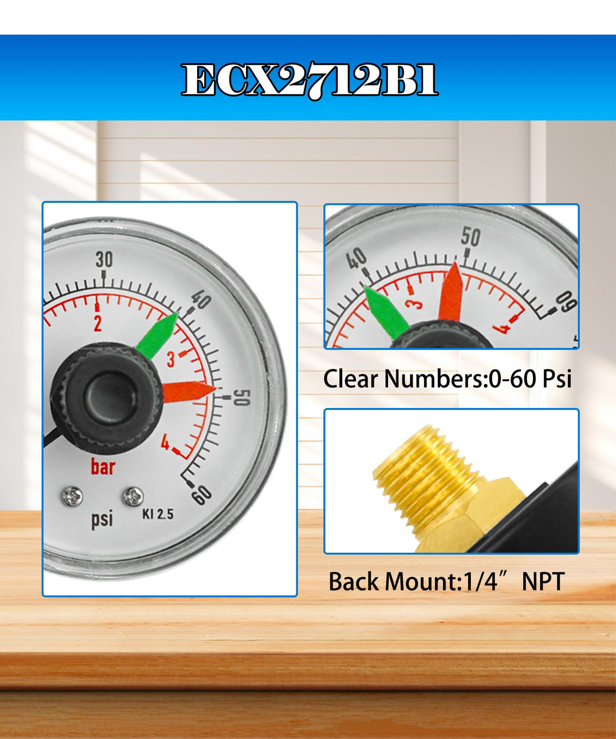 BTROVIA ECX2712B1 dial shows 0-60 psi range during testing.