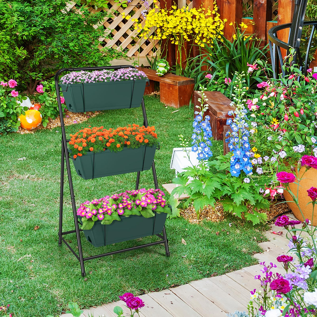 BTY ergonomic trapezoidal stand reduces bending during gardening tasks.
