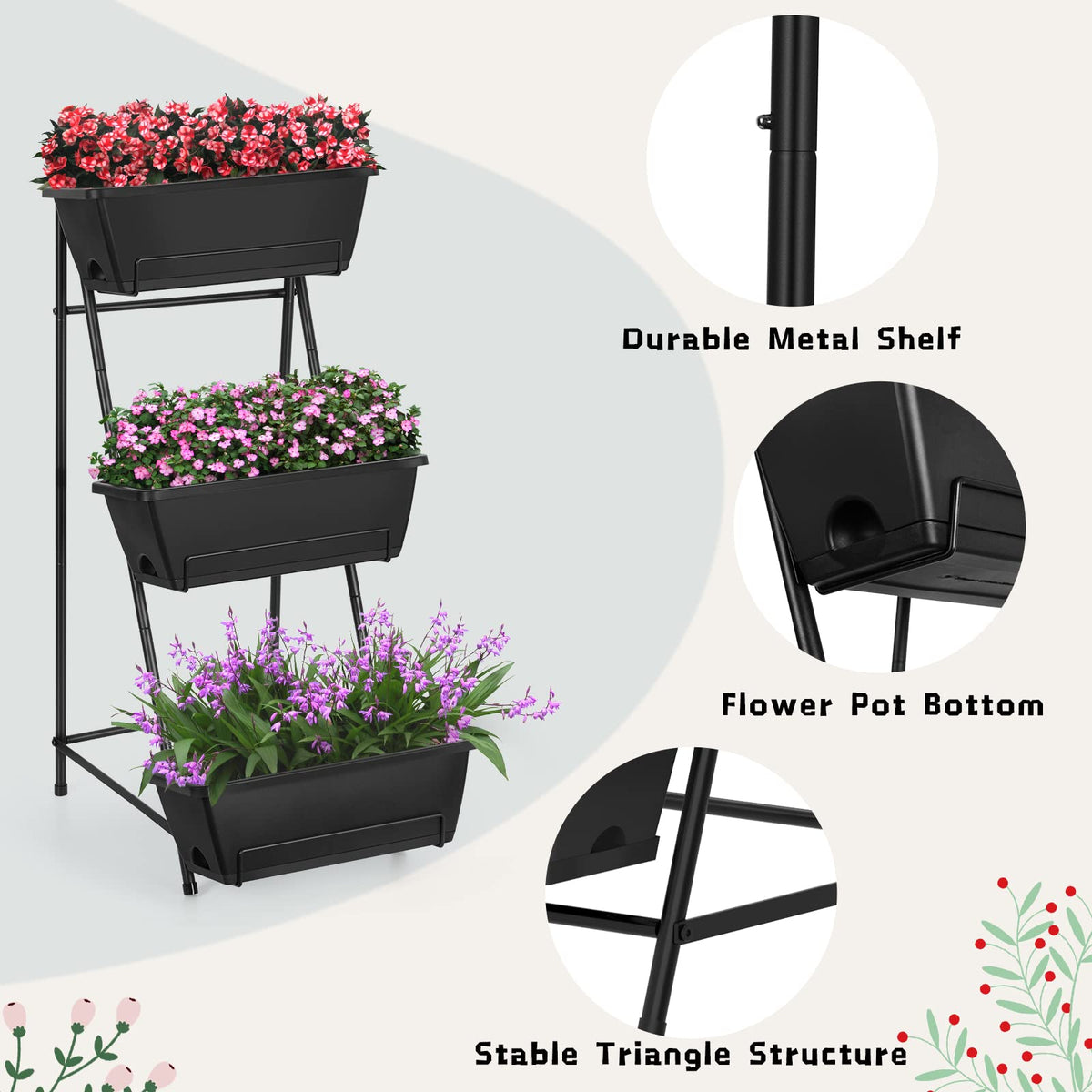 BTY sturdy triangle base providing stability in wind and rain for outdoor use