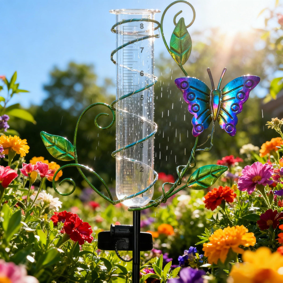 BUARO8AGA butterfly rain gauge outdoor with LED lights adds nighttime garden ambiance.