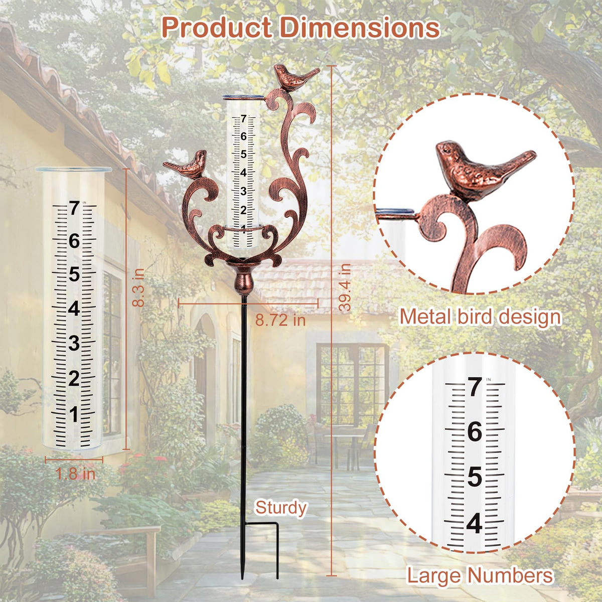 BUARO8AGA easy-install rain gauge with stake and replacement tubes
