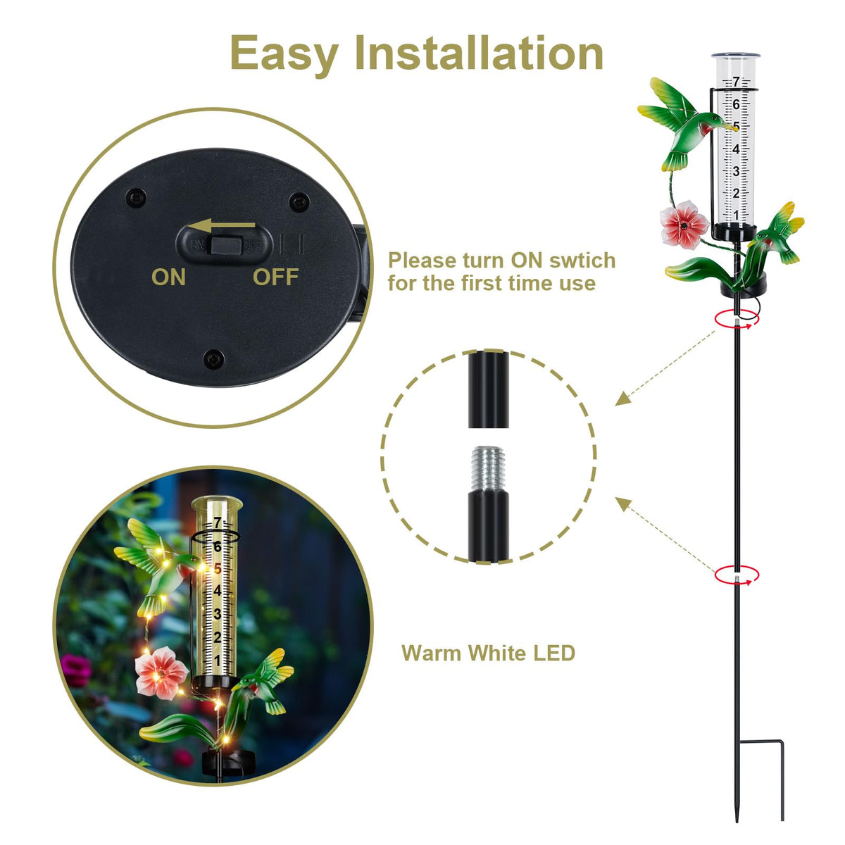 BUARO8AGA garden decor rain gauge with hummingbird statue draws compliments