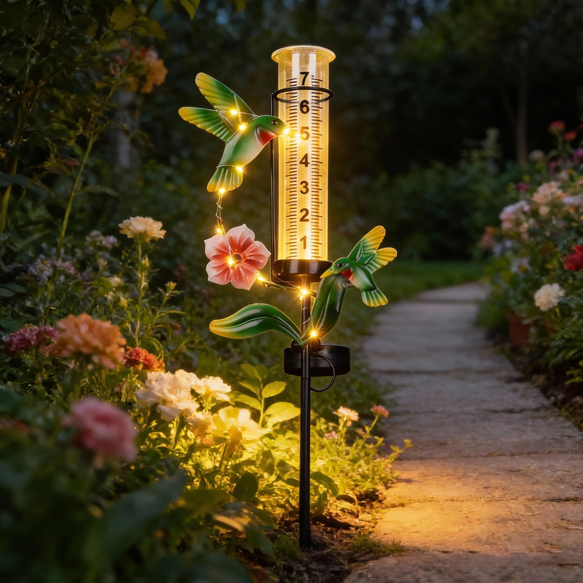 BUARO8AGA hummingbird rain gauge stake with glowing LEDs for night garden decor