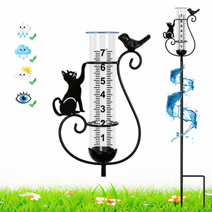 BUARO8AGA rain gauge frame with cat and bird silhouettes for decorative garden charm and readable measurements