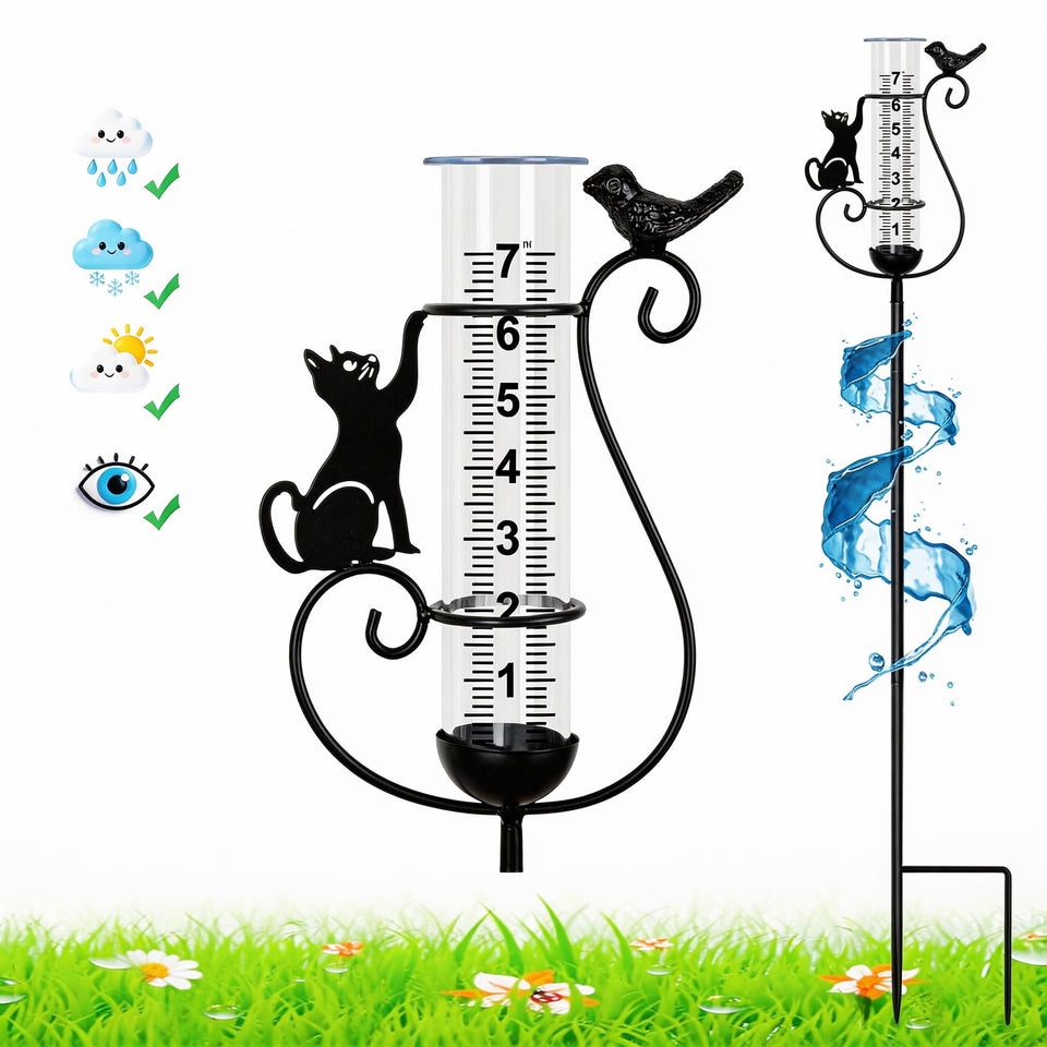 BUARO8AGA rain gauge frame with cat and bird silhouettes for decorative garden charm and readable measurements