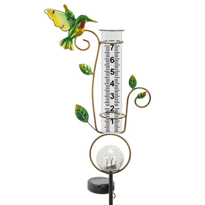 BUARO8AGA rain gauge with hummingbird and color-changing LEDs enhances garden ambiance.