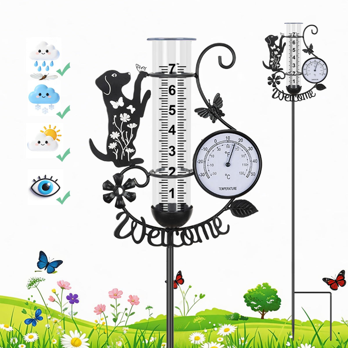 BUARO8AGA rain gauge thermometer displays precise rainfall and temperature for garden planning.