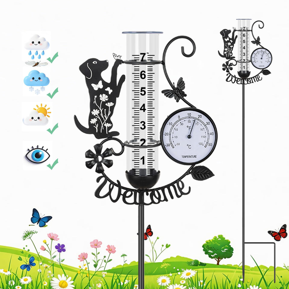 BUARO8AGA rain gauge thermometer displays precise rainfall and temperature for garden planning.