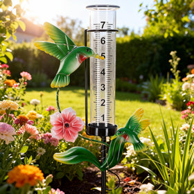 BUARO8AGA solar LED lighted rain gauge showcasing durable outdoor sensing