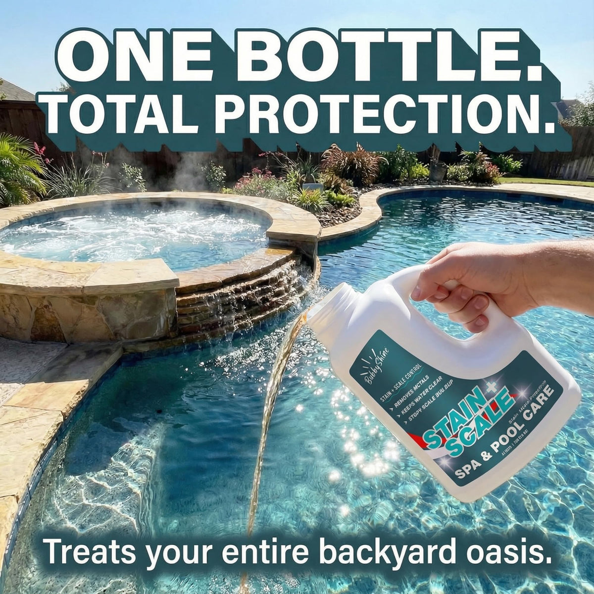 BubbyShine bottle pour action demonstrates easy weekly dosing for hot tub or pool.