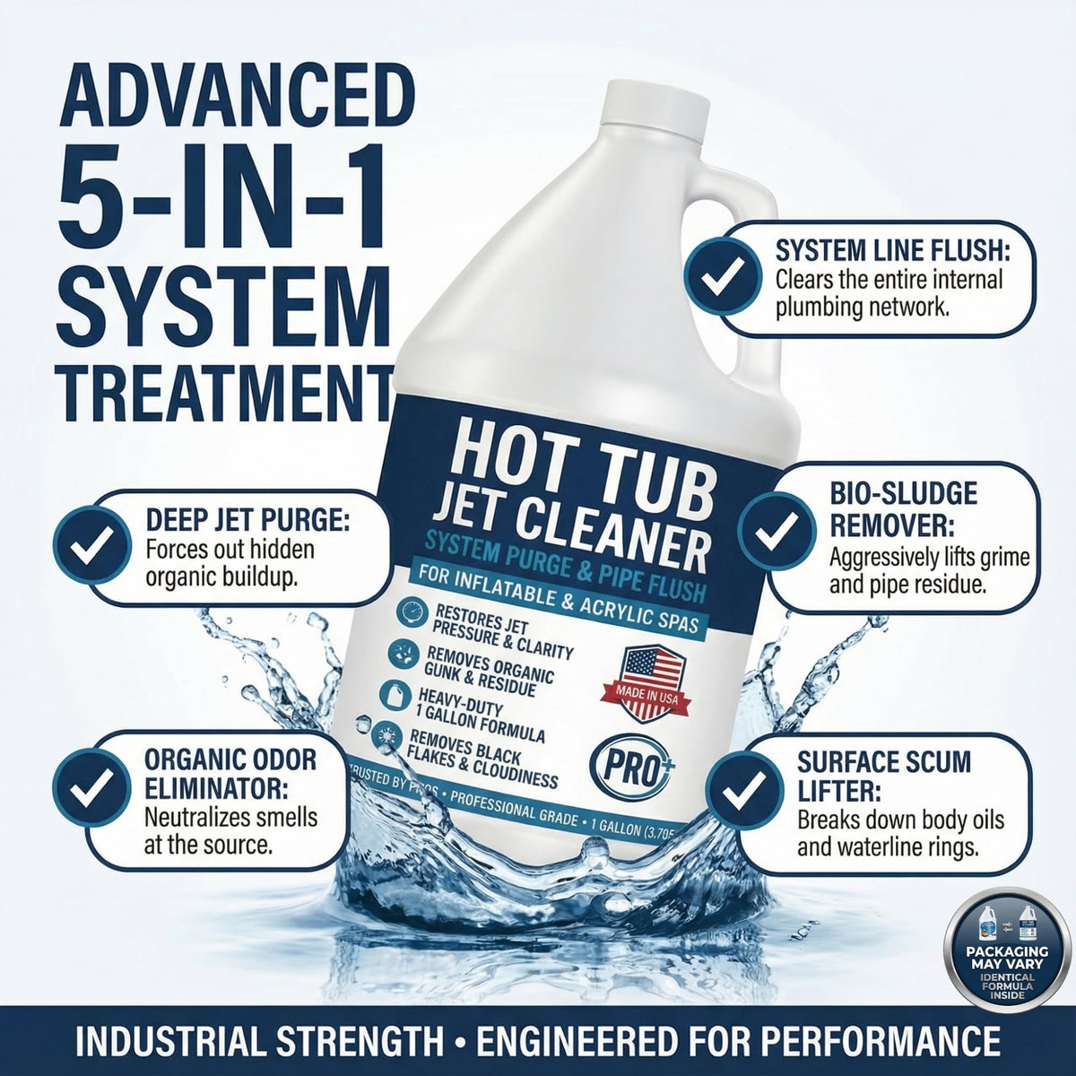BubbyShine hot tub cleaner bottle back highlights usage instructions for pre-refill flush.