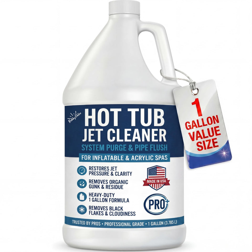 BubbyShine hot tub jet cleaner bottle front aids routine spa line maintenance.
