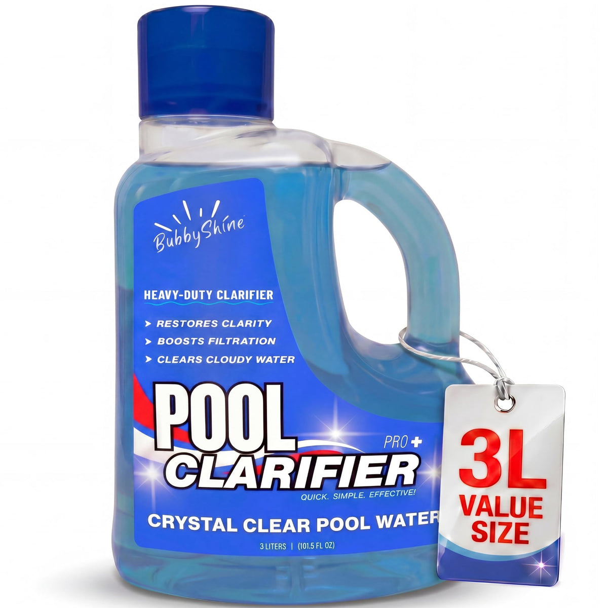 BubbyShine Pool Clarifier bottle pour shows precise dosing for clear water.