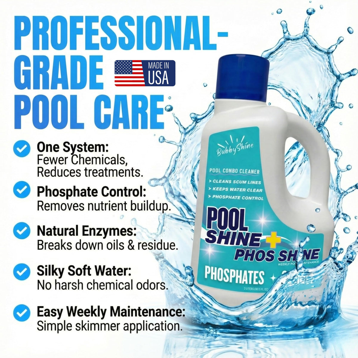 BubbyShine pool clarifier bottle improves filtration and sparkle.