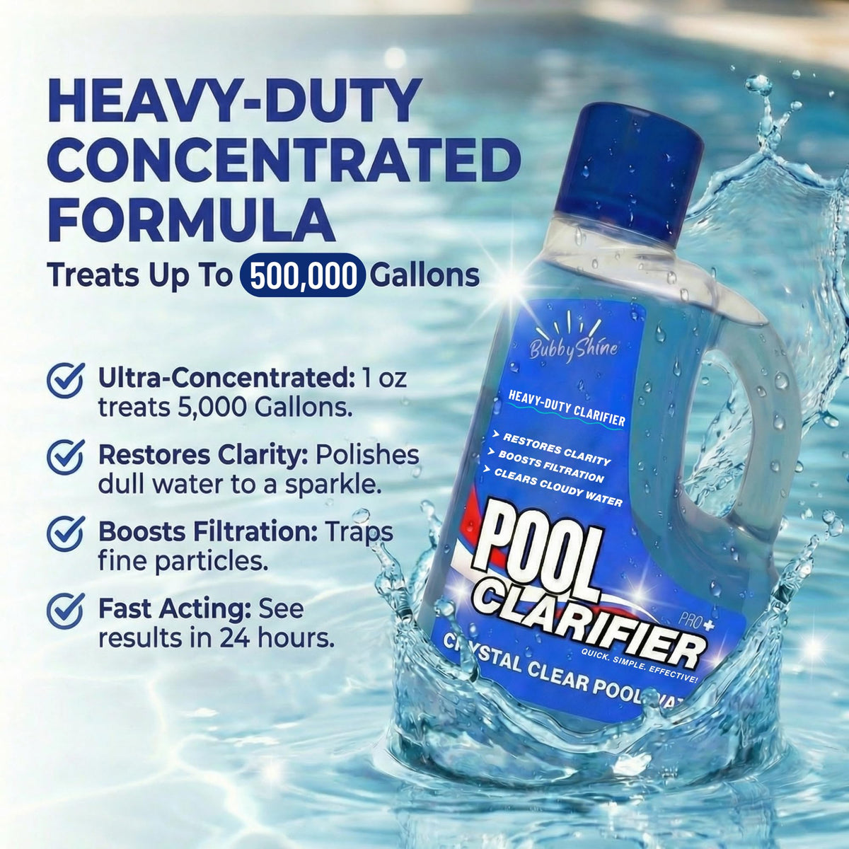 Pouring BubbyShine Pool Clarifier demonstrates easy, mess-free application.