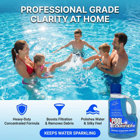 Three-liter bottle of BubbyShine Pool Clarifier provides extended pool care.