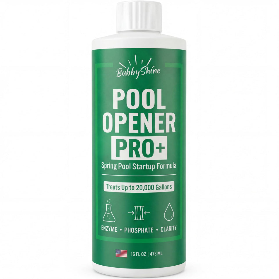 BubbyShine pool opening kit perimeter pour boosts early-season clarity.