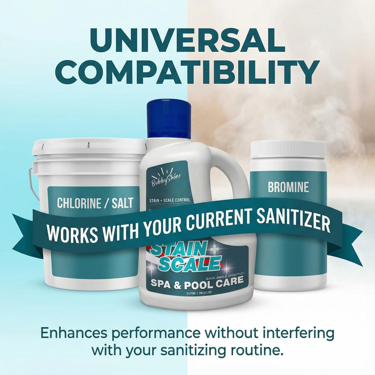 BubbyShine pool service visual shows professional-grade stain and scale care.