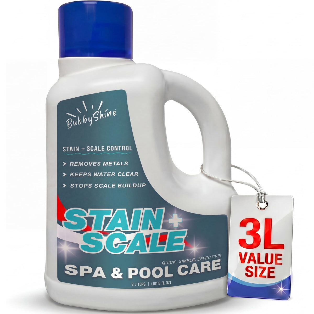 BubbyShine stain and scale control for hot tub keeps mineral stains at bay and water clear.