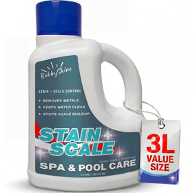 BubbyShine stain and scale control for hot tub keeps mineral stains at bay and water clear.
