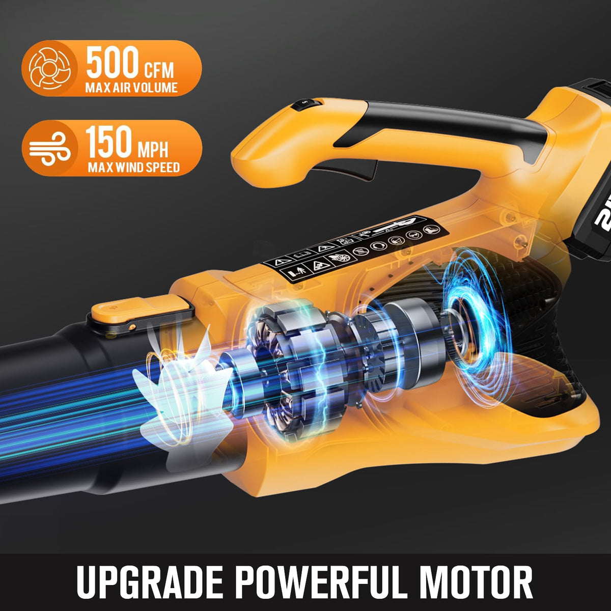 BUBRA cordless blower shows 500 CFM airflow for efficient debris removal.