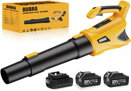 BUBRA cordless leaf blower 21V battery pack powering longer yard cleanup sessions.