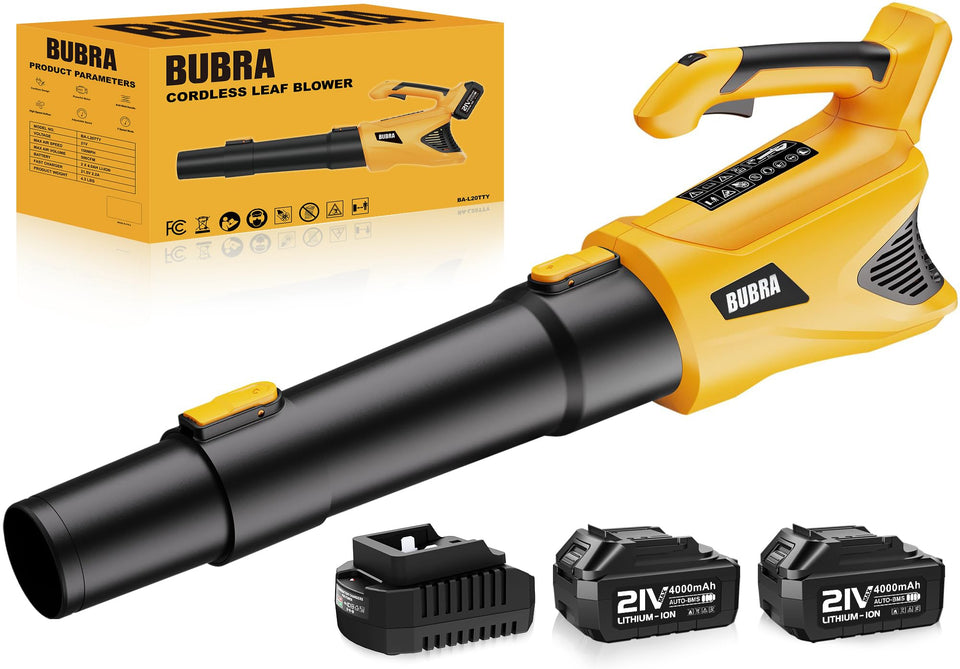 BUBRA cordless leaf blower 21V battery pack powering longer yard cleanup sessions.