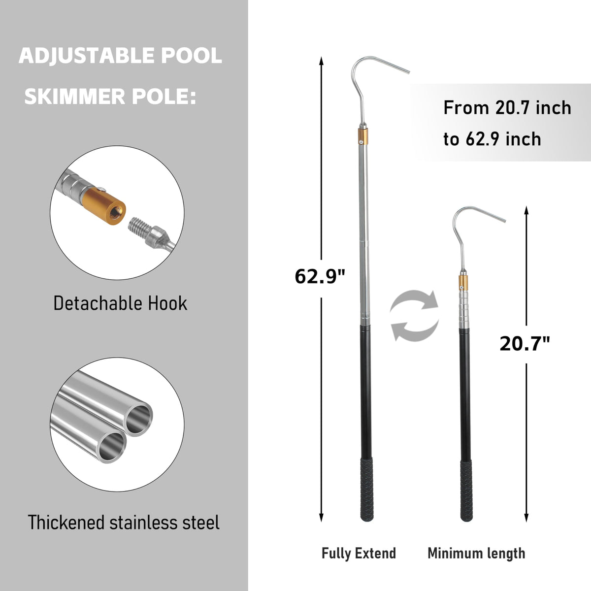 Buccilly pool basket hook with handle mount enables secure dry removal.