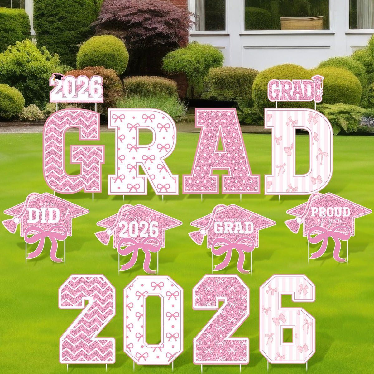 Bucherry graduation yard sign featuring a pink bow and 2026 grad motif to enhance outdoor decor.