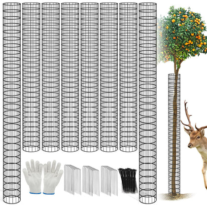 Budiwati 8-piece metal tree trunk guards around a sapling for bark protection.