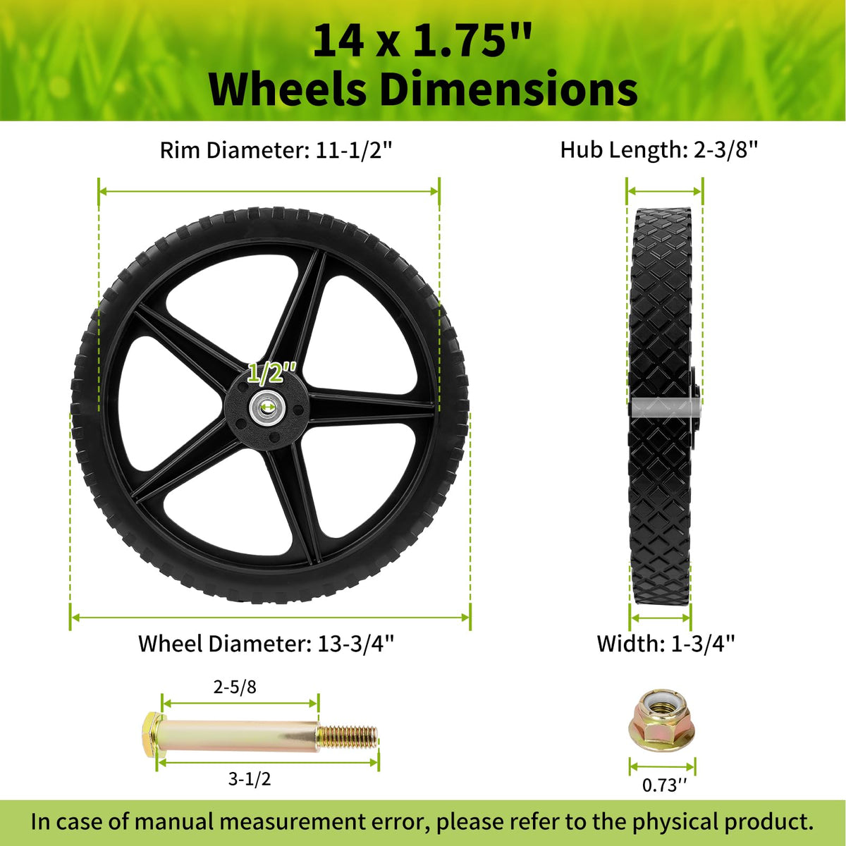 Budrash 14x1.75 wheel front view showing sturdy 1/2 inch axle bore compatibility.