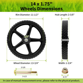 Budrash 14x1.75 wheel front view showing sturdy 1/2 inch axle bore compatibility.