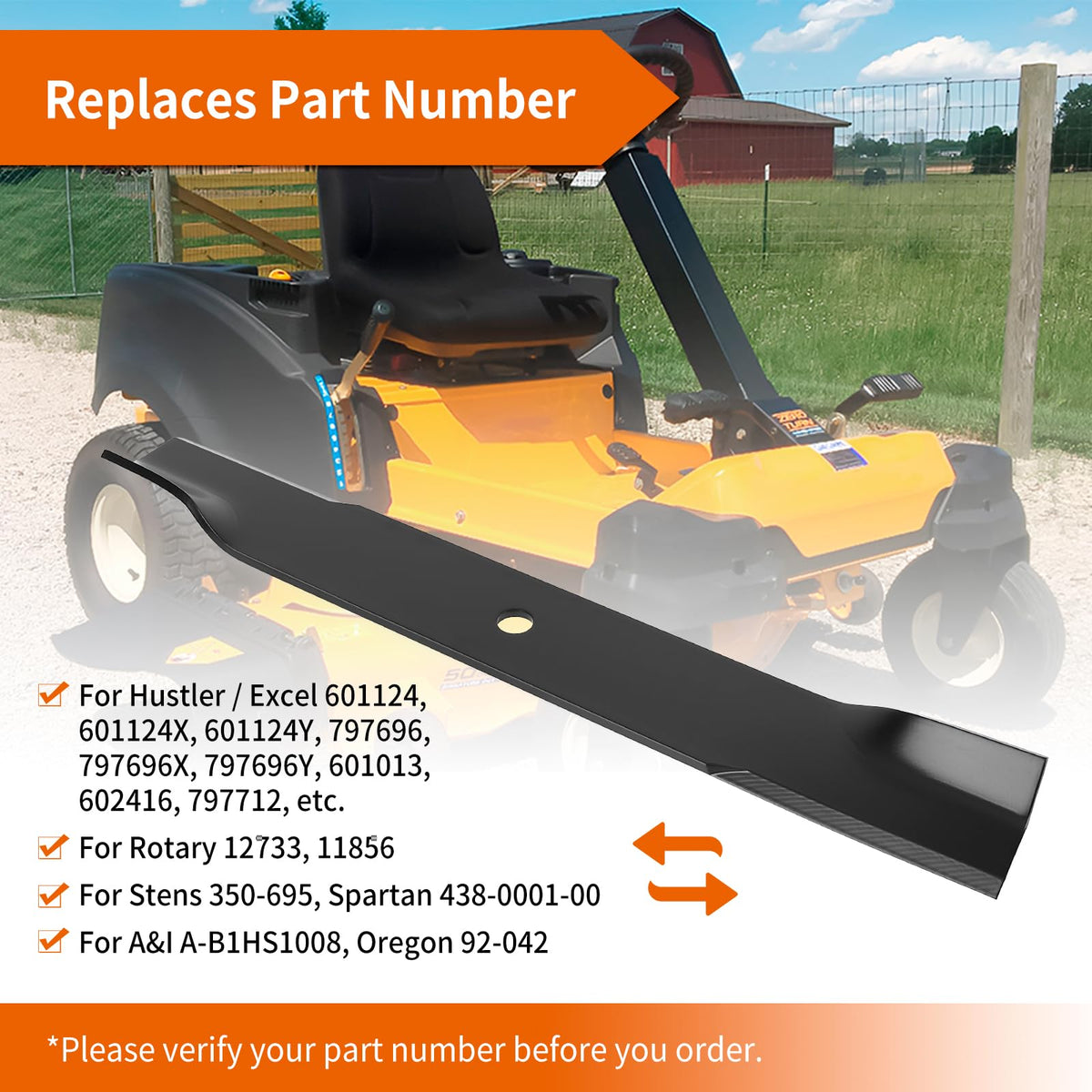 Budrash 601013 replacement blade for Hustler 54 deck, rear view, reliable performance.