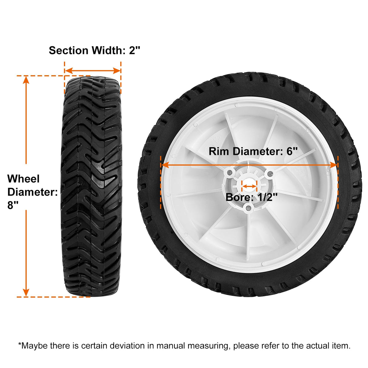 Budrash 8-inch drive wheel assembly close-up showing rugged rubber tread.