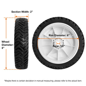 Budrash 8-inch drive wheel assembly close-up showing rugged rubber tread.